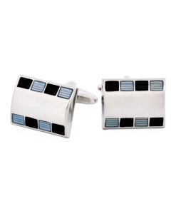 Polished Rhodium Plated Rectangle Cufflinks with Small Square Blue & Black Enamel Inlays