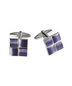 Polished Rhodium Plated Square Cufflinks with 4 Purple Enamel Inlays
