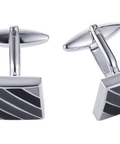 Polished Rhodium Plated Square Cufflinks with Black & Grey Diagonal Enamel Stripes