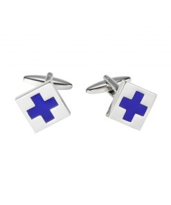 Polished Rhodium Plated Square Cufflinks with Azure Blue Cross Enamel Inlay
