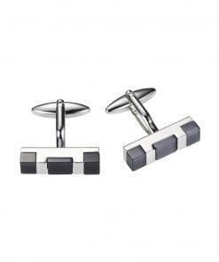 Polished Rhodium Plated Bar Cufflinks with Charcoal Cat’s Eye