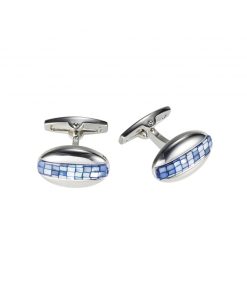 Polished Rhodium Plated Oval Cufflinks with Mosaic Design Blue Mother Of Pearl