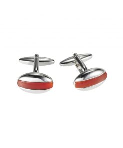 Polished Rhodium Plated Oval Cufflinks with Red Agate Inlay