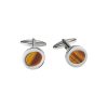 Polished Rhodium Plated Round Cufflinks with Oval Tiger Eye Inlay