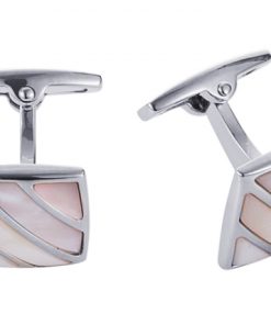 Polished Rhodium Stripe Pink Mother Of Pearl Cufflinks