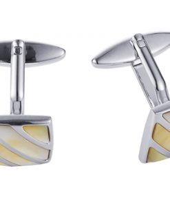Polished Rhodium Stripe Yellow Mother Of Pearl Cufflinks