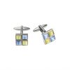 Polished Rhodium Plated Square Cufflinks with 2 Pale Blue & 2 Yellow Cat’s Eye Inlays