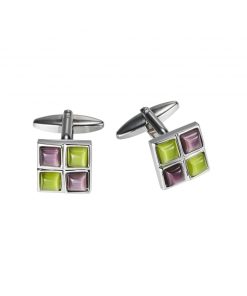 Polished Rhodium Plated Square Cufflinks with 2 Maroon & 2 Charteuse Cat’s Eye Inlays