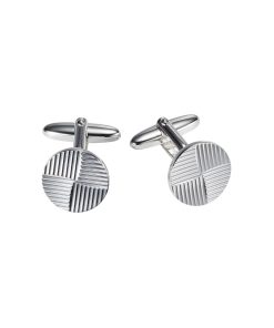 Polished Rhodium Plated Round Cufflinks with Striped Quartile Pattern