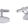 Polished Rhodium Plated Sterling Silver Oval Cufflinks with Engine Turn Frame