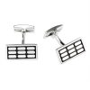 Polished Rhodium Plated Sterling Silver & Black Enamel Rectangle Cufflinks with Vertical Tile Pattern