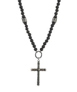 Stainless Steel Antique Plated Cross & Lava Rock Bead Neck Chain