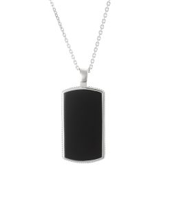 Polished Rhodium Plated Sterling Silver Dog Tag Pendant with Black Agate Inlay & Scalloped Edge on Cable Chain