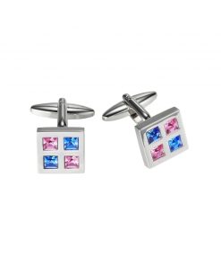 Polished Rhodium Plated Square Cufflinks with Sapphire & Pink Crystal Squares