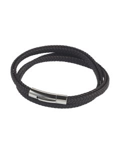 Stainless Steel & Black Leather Double Strand Bracelet