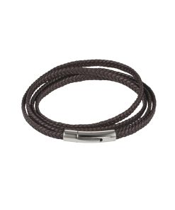 Stainless Steel & Brown Leather Double Strand Bracelet