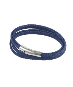 Stainless Steel & Blue Leather Double Strand Bracelet