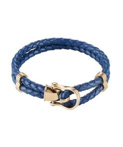 Ion Plated 14k Gold Stainless Steel Blue Leather Buckle Bracelet