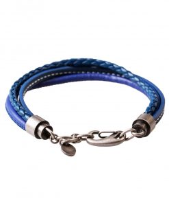 Multi-Strand Blue Leather Bracelet with Ion Plated Antique Stainless Steel Clasp