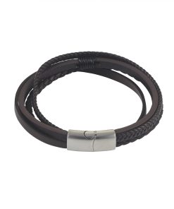 Dark Brown Multi Strand Leather & Stainless Steel Bracelet