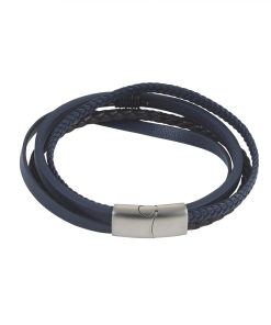 Dark Brown & Blue Multi Strand Leather & Stainless Steel Bracelet