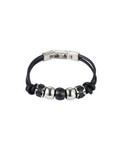 Stainless Steel &Ion Plated Black Beaded & Leather Bracelet