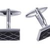 Polished Rhodium Plated Square Cufflinks with Criss Cross Black Enamel Inlay