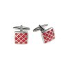 Polished Rhodium Plated Square Cufflinks with Criss-Cross Crimson Enamel Inlay