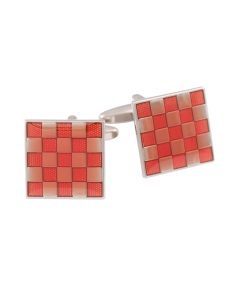 Rhodium Plated Red Check Enamel Square Cufflinks