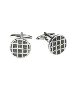 Polished Rhodium Plated Round Cufflinks with Chequered Charcoal Enamel Inlay