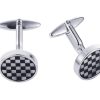 Polished Rhodium Plated Onyx & Mother Of Pearl Check Round Cufflinks