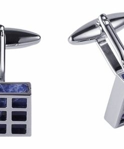 Rhodium Plated Square Patterned Lapis Cufflinks