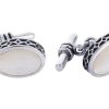 Sterling Silver Oval Cufflinks with Mother Of Pearl Inlay & Vintage Edge on Chain