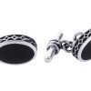 Sterling Silver Oval Cufflinks with Onyx Inlay & Vintage Edge on Chain
