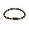 Stainless SteelIon Plated Gold & Black Leather Cable Carbon Fibre Bracelet