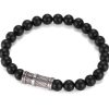 8mm Brushed Black Agate Stone Bracelet with Ion Plated Black Lattice Pattern Stainless Steel
