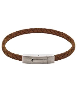 Braided Suede & Steel Calabria Bracelet, 21.5cm x 6mm, Tan